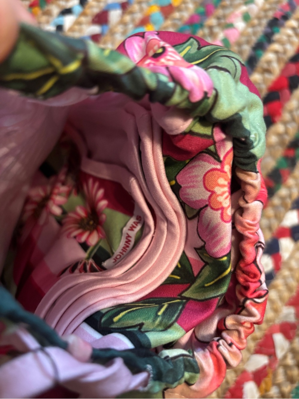 Johnny Was Striped Pink Floral Beach Towel with Pouch - Picture 3 of 7